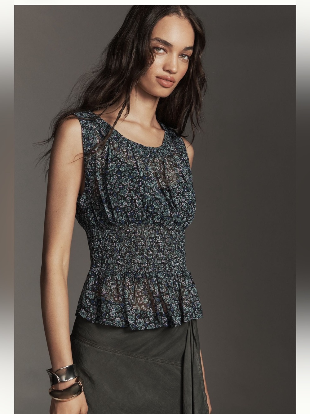 Anthropologie Smocked Chiffon Tank Top NWT Large Floral Peplum Blouse